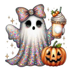 a cartoon ghost with a cup and pumpkin