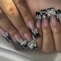 Press On Nails 24 Count Black French Tip With 3d Butterfly And Plant Design Long Coffin Nails Comes With Jelly Glue And Nail File New Black French Tips, Nagel Tips, Manicure Diy, Manicure Tips, Nail Type, Y2k Nails, Fake Nails With Glue, Nails Halloween, Party Kleidung