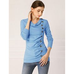 Show your feminine style with this ruched drape neck slim top. This long-sleeved pullover top is one of the must-have items in your wardrobe. The slim cut can show your charming silhouette, and the button decor adds a casual feel. Feel free to pair it with jeans and boots for a smart look. Day-to-Night, Weekend Gathering, Vacation, Office, School, Dating, etc. Ruched Long Sleeve Workwear Top, Long Sleeve Ruched Tops For Workwear, Ruched Long Sleeve Tops For Work, Spring Workwear Tops With Cowl Neck, Chic Ruched Winter Tops, Long Sleeve Ruched Blouse For Fall, Ruched Long Sleeve Top For Fall, Blue Ruched Long Sleeve Top, Blue Long Sleeve Ruched Top