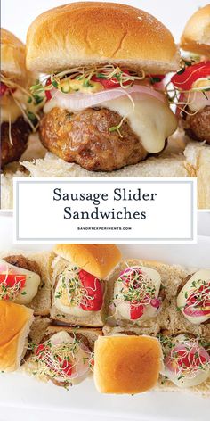 sausage slider sandwiches with red onions, cheese and tomatoes on them are served in buns