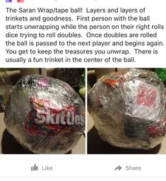 two pictures of balls wrapped in plastic wrap with the word skittle written on them