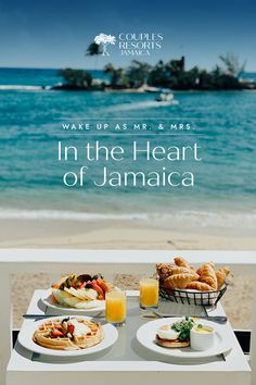 breakfast on the beach with orange juice and fruit in front of it, next to an ocean view