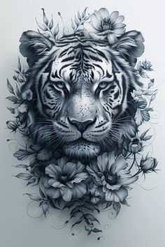 a drawing of a tiger with flowers on it's head and eyes, in black and white