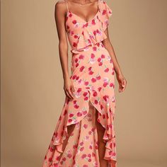 Nwt Peachy/Coral Floral Print Dress. Asymmetric Frill Top, And Ruffle High Low Bottom. Zipper Closure. Runs A Little Small/Fitted.