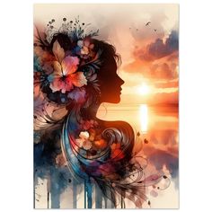 a woman's face with flowers in her hair and the sun setting behind it