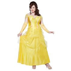 a woman in a yellow dress is standing with her arms out and hands on her hips