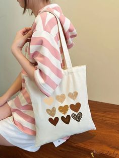 BirdinBag - Premium Heart Print Canvas Tote: A Stylish Shopper Bag Canvas Shopper Bag, Preppy Bags, Heart Bag, Inch Bag, Style Preppy, Bags Tote, Shopper Bag, Heart Print, Canvas Tote