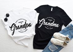 two t - shirts with the words grandpa and grandma printed on them next to shoes