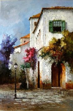 an oil painting of a white building with green shutters and flowers on the street