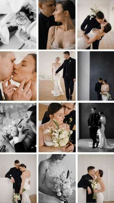 black and white wedding pictures with bride and groom kissing each other in front of the camera