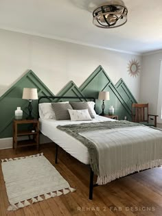 a bedroom with a bed and two lamps on either side of the headboard is shown