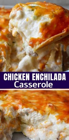 the chicken enchilada casserole has been cut in half and is ready to be eaten