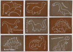 nine dinosaurs are drawn on brown paper with white writing in the shape of small squares