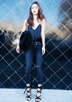 Rumi Neely wears a camisole, belted skinny jeans, lace-up sandals, and a fuzzy shoulder bag Casual Business Attire For Women, Popular Fall Outfits, La Girls, Business Attire Women, Chic Summer Style, Silk Slip Dress, Street Style Inspiration, 2016 Fashion