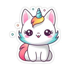 a white cat with a unicorn horn on it's head and eyes, sitting down