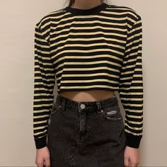 Long Sleeved Striped Tee, Cropped And Fun! Never Worn Basically New Retro Black Long Sleeve Tops, Retro Black Shirt For Spring, Retro Black Long Sleeve Shirt, Striped Long Sleeve Tee, Cropped Shirt, Crop Shirt, Striped Tee, Shirt Color, American Eagle Outfitters