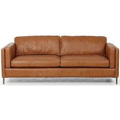 a tan leather couch with metal legs and arm rests on an isolated white background,