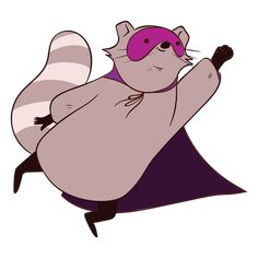 a cartoon raccoon wearing a purple mask and cape flying through the air with his arms outstretched