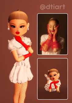 the doll is wearing a white dress and red scarf