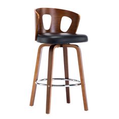 a wooden bar stool with black leather upholstered seat and backrest, viewed from the front