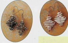 two pictures of christmas tree earrings on display