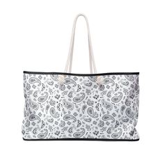 "Step out in style with our Elegant Paisley Tote Bag, the perfect blend of functionality and fashion. This tote features a classic paisley pattern with intricate designs that exude a timeless charm. Crafted from high-quality, durable materials, it's designed to withstand the hustle and bustle of daily life while keeping you looking chic. .: One size: 24\" x13\" (60.9 cm x 33 cm) .: 100% Spun Polyester .: T-bottom .: Cream sheeting interior lining .: NB! Size tolerance 0.75\" (1.9 cm)) .: Assembl Everyday Use Bags With Paisley Print, Donut Bag, The Hustle, Hippie Chic, Intricate Designs, Bags Purses, Paisley Pattern, Kind Words, White Bag