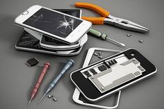 an assortment of cell phones and tools on a gray surface with screwdrivers, pliers, etc