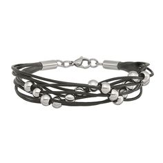 "Featuring strands of black leather accented by polished stainless steel beads, this men's bracelet is a handsome complement to your look. Featuring strands of black leather accented by polished stainless steel beads, this men's bracelet is a handsome complement to your look. Length: 8 in. Metal: stainless steel Finish: polished Packaging: boxed Please note, due to the high value of this item, a signature may be required upon delivery. Size: 8"". Color: White. Gender: male. Age Group: adult." Modern Leather Bracelet With Metal Black Band, Modern Metal Leather Bracelet With Black Band, Black Stainless Steel Leather Bracelet For Everyday, Modern Black Beaded Bracelets For Everyday, Modern Magnetic Leather Bracelets, Modern Leather Magnetic Bracelets, Modern Magnetic Leather Bracelet, Adjustable Black Leather Beaded Bracelets, Elegant Black Beaded Bracelets With Magnetic Clasp