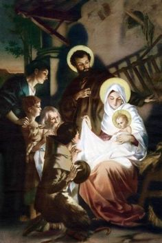 an image of the birth of jesus with many people around him and one baby in his lap