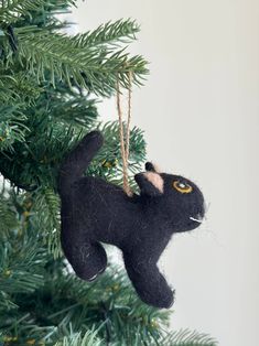 a black cat ornament hanging from a christmas tree