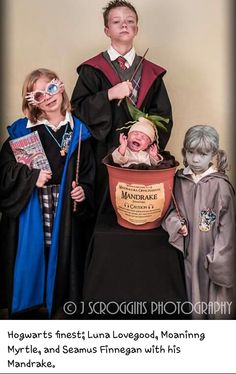 three children dressed up as harry potters and hermigan with their wizard costumes