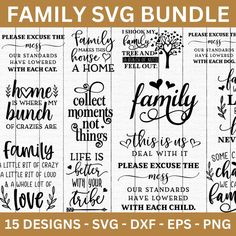 the family svg bundle is shown in black and white