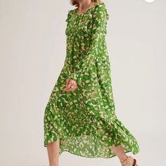 Brand New With Tags. I Ordered After Seeing Someone In The Dress And Loved It. It Is So Beautiful In Person. And Is Sold Out Online. It Was A Must Have And Sadly Have Never Worn It. Green Silk Midi Dress With Ruffles, Green Long Sleeve Viscose Dress, Long Green Dress For Brunch, Green Long Dress With Ruffles, Green Silk Midi Dress For Garden Party, Green Floral Print Viscose Dress, Green Bohemian Viscose Dress, Green Viscose Dress For Brunch, Green Flowy Silk Midi Dress