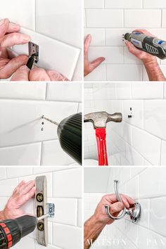 four pictures showing how to fix a shower faucet with the help of two hands