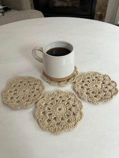 ** Handmade crocheted coasters, made with 100% cotton yarn. ** We make custom orders as well as have a few sets in stock! ** We primarily sell sets of 4 but are open to making more! Just send us a message and we would be happy to help! ** We offer a variety of different colors and styles!  ** Feel free to message us a photo of what you are looking for or an idea and we are happy to create them for you! Yarn Coasters Diy, Crochet Drink Coasters, Crochet Home Goods, Crochet Selling Ideas, Ideas En Crochet, Yarn Coasters, Crochet Bra Pattern, Crocheted Coasters, Coasters Crochet