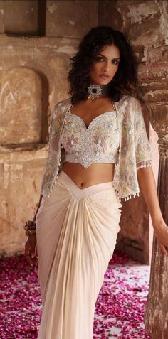 Georgette Jacket, Indowestern Dresses, Ivory Drapes, Skirt And Jacket Set, Sangeet Outfit, Skirt And Jacket, Lehenga Blouse Designs, Ivory Blouse, Indo Western Dress