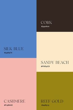 four different color palettes with the words, silk blue and sandy beach on them