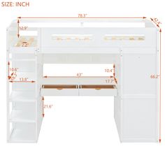 an image of a white loft bed with stairs and storage space for the bottom bunk