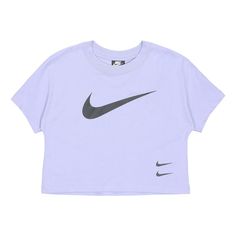 Women's Nike SPORTSWEAR SWOOSH Logo Short Sleeve T-shirt Purple CJ3765-569 (Women's) Purple Sporty Workout T-shirt, Sporty Purple Workout T-shirt, Purple Sports T-shirt With Logo Print, Purple Crew Neck T-shirt For Workout, Sports Purple T-shirt With Logo Print, Nike Purple Crew Neck T-shirt, Purple Moisture-wicking T-shirt For Sports, Purple Athleisure T-shirt For Sports, Purple Go-dry Athleisure Top