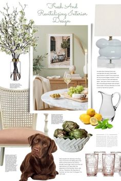 a dog sitting in front of a table filled with food and drink glasses next to a vase