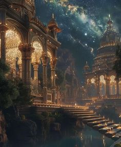 an image of a fantasy scene with stairs leading up to the sky and stars in the background