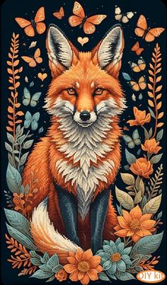 a cross stitch pattern of a fox surrounded by flowers and butterflies on a black background