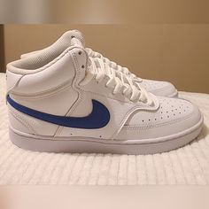 Never Worn Blue High-top Sneakers With Perforated Toe Box, White Ankle-high Synthetic Skate Shoes, Mens Shoes Sneakers, Nike Men, Nike Shoes, Shoes Sneakers, Men's Shoes, Blue And White, Man Shop