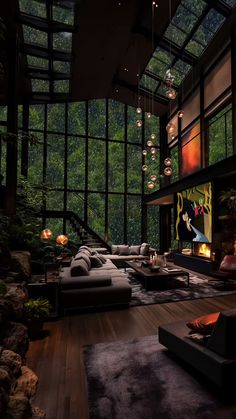 a living room filled with lots of furniture next to a window covered in plants and hanging lights