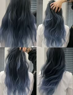 Blue To Black Hair Ombre, Best Color To Dye Black Hair, Trendy Hair Dye Ideas For Black Hair, Underdye Hair Color Ideas, Silver Blue Highlights On Dark Hair, Hair Colour Korean Style, Dusty Grey Hair, Steel Blue Hair Color, Cool Tone Hair Colour