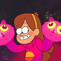 a cartoon girl holding two pink cats in her hands and looking at the camera with an evil look on her face