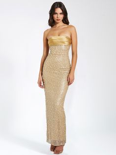 The processing time for this product may take up to 2 weeks. DETAILS, CARE & FIT Materials: Sequin & Pearl Beaded Fabric / Double Duchess Satin Length from underarm: Approx 52 inch / 132 cm Model Is Wearing A Size XS (US-2) Model Is 5'11'' Clean: Dry-clean only Color may vary due to lighting on images. WAYS TO STYLE FOR OCCASION Pair with clear stiletto heel Add a clutch bag SIZE CHART Size Bust Waist Hip XXS (0) 31-31inch / 79-81cm 23-24inch / 58-61cm 33-34inch / 84-86cm XS (2) 33-34inch / 84-8 Pearl Prom Dress, Miss Circle, Gold Dresses, Long Sequin Dress, Beaded Maxi Dress, Beaded Fabric, Duchess Satin, Strapless Maxi, Gold Satin