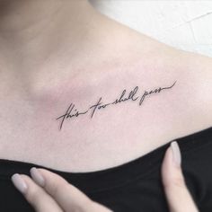 a woman's chest with the words, this too should you? written on it