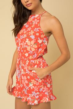 Floral [print romper with ruffle details at the hem Adjustable spaghetti straps Chic Shack, Floral Print Rompers, Printed Rompers, The Chic, Spaghetti Strap, Spaghetti, Jordan, Floral Print, Floral Prints