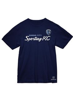 Show off your team pride in this Sporting Kansas City Navy Blue Sporting KC Script Short Sleeve T Shirt! This SKC Short Sleeve Tee features a script team name screen printed on chest. Make sure everyone knows you root for the Sporting KC with this Navy Blue SKC T Shirt. Go Sporting! Lightweight material, Crew neckline, Screen print team graphic, Unisex, Officially Licensed, Fit: True to Size, 100% COTTON, Machine Washable, 4 Navy Cotton T-shirt For Sports Season, Navy Cotton Fan Apparel Tops, Navy Screen Print Top For Fan Merchandise, Navy Team Spirit Tops With Graphic Print, Navy Graphic Print Sports Team Themed Top, Navy Graphic Print Top With Team Spirit Style, Navy Graphic Print Tops For Team Spirit, Navy Graphic Tee For Fan Merchandise, Navy Tops With Letter Print For Sports Events